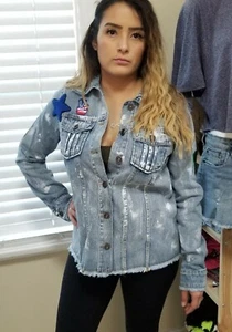 NWT Women's distressed raw denim Jacket Large blue - Picture 1 of 12