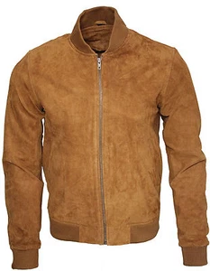 Chaqueta universitaria bombardero retro de cuero de gamuza de cabra tostada para hombre - Imagen 1 de 6