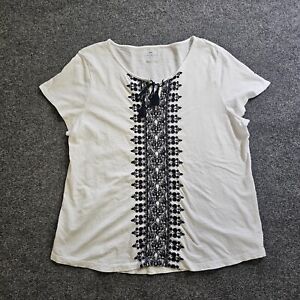 Talbots Top Shirt Women XL Petite White Black Embroidery Short Sleeve Casual