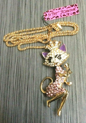 Betsey Johnson Cristal Púrpura Gatito Gato Colgante en Cadena de Oro Collar ¡Adorable! Foto 1 de 2