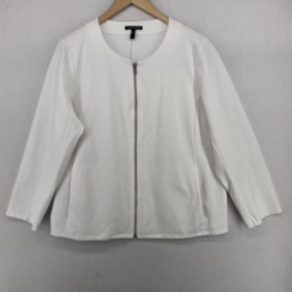 EILEEN FISHER Top L Algodón Orgánico Elastizado Ponte Cremallera Completa Manga Larga Blanco Foto 1 de 4