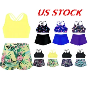 2Pcs Kids Girl Sport Suit Bra Top Outfit Gym Yoga Workout Leotard Swimwear - Picture 1 of 58