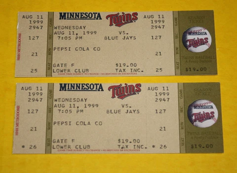Minnesota Twins Ticket Stub | August 11 1999 | Carlos Delgado HR Torii Hunter H Cover