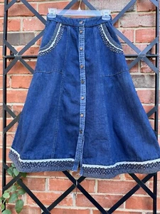 Vintage 1970s Jessica’s Gunnies Denim Skirt With Calico Floral & Lace Trim XS - Picture 1 of 6