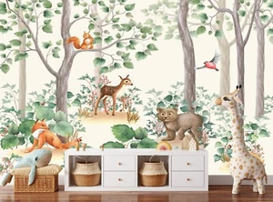 Carta da parati foresta bambini murale foto acquerello foresta animali asilo decorazione - Foto 1 di 8