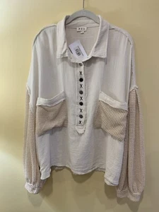 POL Women’s Size Large L Layla Half-Button Shacket Top Ivory Tan New With Tags - Picture 1 of 10