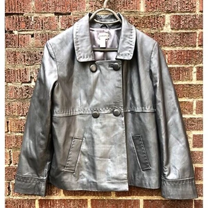Chaqueta de Cuero Genuino Chicos Gris Plateado Doble Pecho para Mujer Talla 2 (12 o M - Imagen 1 de 3