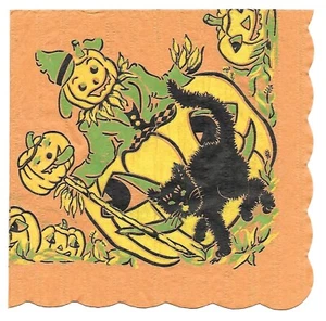 Vintage Crepe/Paper Halloween Napkin ~ Black Cat, JOLs, Green Scarecrow - Picture 1 of 3