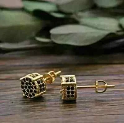 2Ct Lab Created Black Diamond Cluster Men's Stud Earrings 14k Yellow Gold Plated - Image 1 of 4