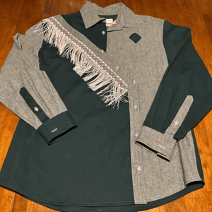 Vintage Gil Adam Women’s Western Button Up Shirt Fringe Cutouts USA Made Green M - Picture 1 of 11