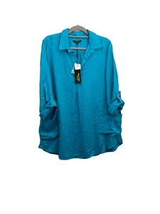 For Cynthia Woman Linen Tunic Blouse Front Pocket Sky Blue Size 2X - Picture 1 of 11