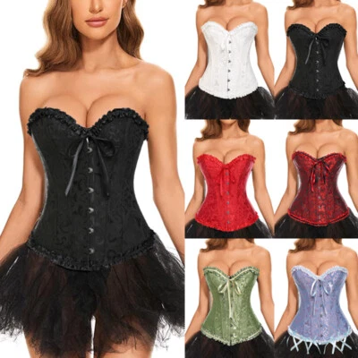 Women Sexy Overbust Boned Corset Burlesque Basque Top Lace Up Waist Shaper S-6XL - Image 1 of 4