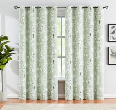 Green White Blackout Curtains for Bedroom 50"W x 84"L 2pcs Blossom/ Green - Image 1 of 4