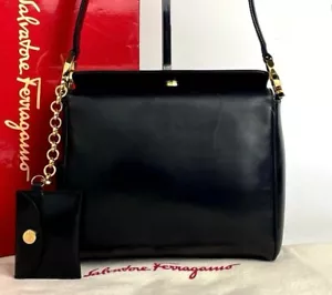 Salvatore Ferragamo Shoulder Bag Handbag Leather Black Used Auth Excellent JAPAN - Picture 1 of 10
