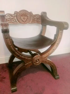 Antique 20th Century hand carved oak Savonarola/x frame chair with leather seat - Picture 1 of 12