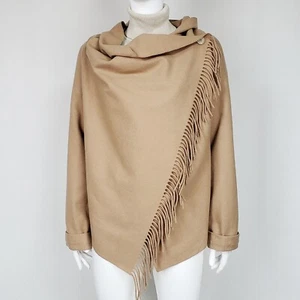 PATRIZIA PEPE Wool Blend Wrap Coat Fringe Cape Scarf Jacket Cowl Camel Brown M-L - Picture 1 of 8