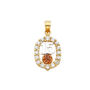 14K Tri Color Gold 15 Years Quinceanera CZ Charm Pendant For Necklace or Chain - Picture 1 of 4