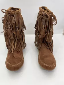 Stivali mocassino donna Mossimo scamosciati castagno frange nappe foderati pelliccia tg 9 - Foto 1 di 11