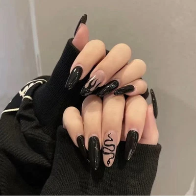 Black Beige Oval Press On Nails 25 Pc Set Medium Length Snake Flame Design +Glue - Image 1 of 4