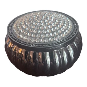 Silver Pewter Tone Round Trinket Box 3.5 In With Rhinestone Lid & Velvet Lining - Picture 1 of 8