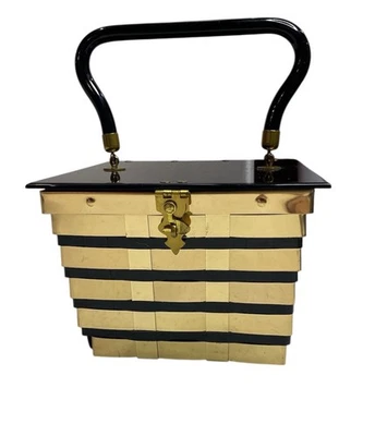 Cartera cuadrada vintage Dorset Rex Fifth Ave años 50 canasta tejida dorada de metal negro Foto 1 de 4