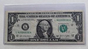 One Dollar, 2021, Federal Reserve Note, Unique Serial Number, L82000030A - Picture 1 of 2