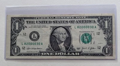 One Dollar, 2021, Federal Reserve Note, Unique Serial Number, L82000030A - Image 1 of 2