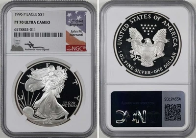 1996-P Proof Silver Eagle NGC PF70 MERCANTI SIGNED Flag Label PR70 - Image 1 of 4