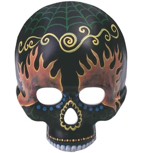 Day Of The Dead Black Skulls Fire Dia de los Muertos Mens Costume Half Mask - Picture 1 of 1