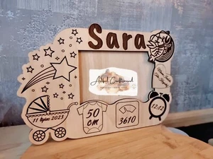 Personalised Engraved Baby Photo Frame Metric Picture Custom New Born Wood - Picture 1 of 8