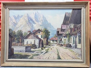 H. Wolf 1957 American Oil on canvas Small Village W/ Chickens Mountain Signed  - Picture 1 of 19