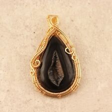 Natural Wire Wrapped Black Window Druzy Gold Plated Handmade Pendant Necklace