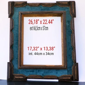 Extra Large Tramp Art Carved Wood, Hand Crafted Mirror Frame with blue velvet - Picture 1 of 21