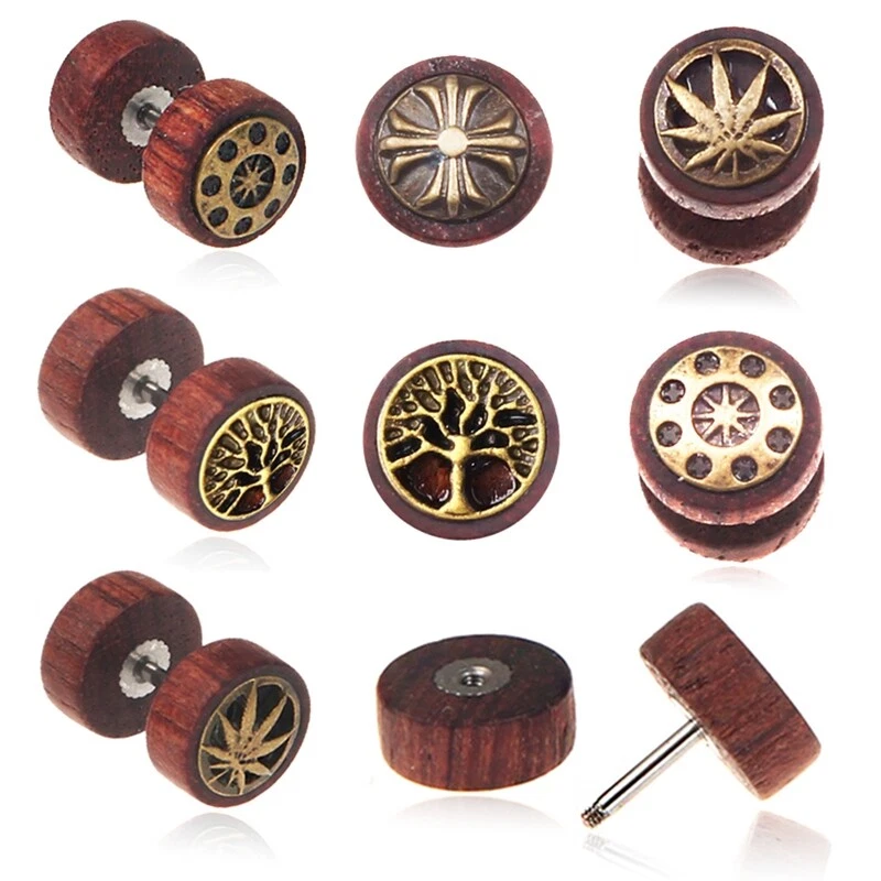 1 Par 16G Madera Falso Tramposo Retro Tapón para los Oídos Expansor Tornillo Perno Ilusión Pendiente Foto 1 de 3