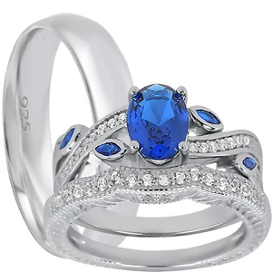 His & Hers Wedding Ring Set TRIO Simulated Sapphire Blue CZ Silver Couples Rings - Picture 1 of 11
