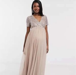 Maya Deluxe Maternity Sequin Tulle Maxi Dress Womens 12