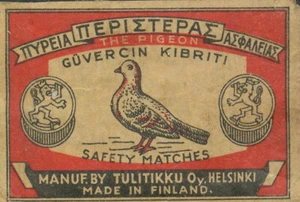 Altes Streichholzschachtel-Etikett - Guvercin Kibriti Sicherheitsstreichhölzer - Made in Finland - Bild 1 von 1
