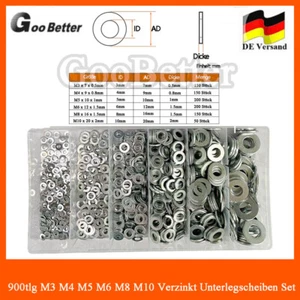 900tlg Verzinkt Unterlegscheiben Beilagscheiben Karosseriescheiben Sortiment Set - Bild 1 von 10