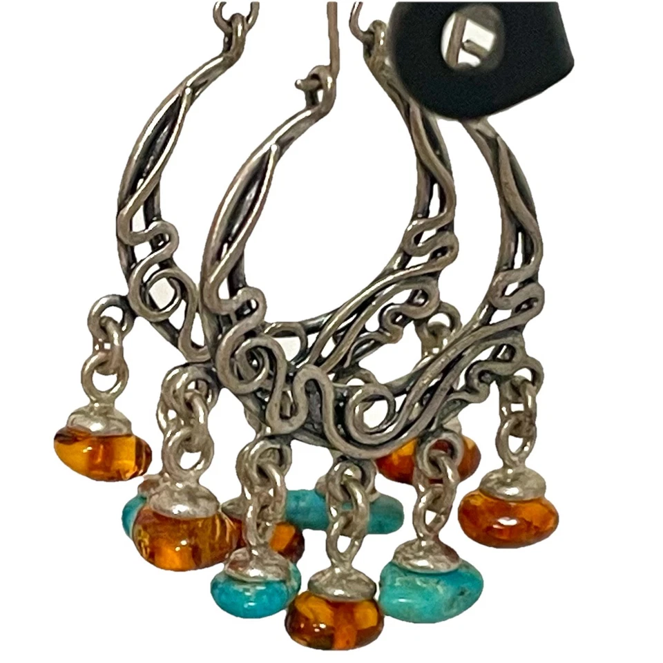 纯银环状耳环绿松石和琥珀悬垂宝石 11.24 克旋转 — 第 1/4 张图片