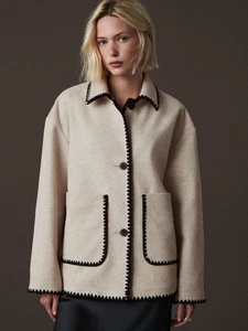 NEXT Jacket 14 Natural with Black Embroidery Collar Pockets Button Fastening - Picture 1 of 15