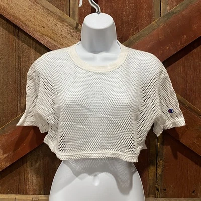 Champion Mesh Cropped Shirt Womens Medium White Cotton Logo Loose Fit Pullover - Image 1 of 4