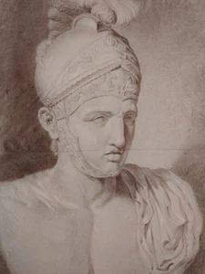 Beau Dessin Mine De Plomb À L ' Antique Homme Casqué/Achille /Grec - Imagen 1 de 11