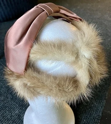 Vintage Brown Fascinator Hat with Woven Fur  Large Copper Bow - Image 1 of 4