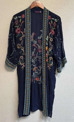 Johnny Was Boho Embroidered Long Lightweight Duster Long Kimono Blue PXS - Image 1 of 4