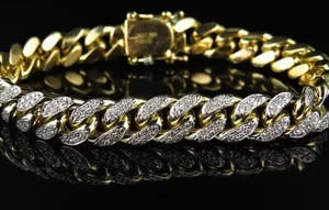 7Ct Round Cut Simulated Diamond Men's Cuban Link Bracelet 14K Yellow Gold Plated - Picture 1 of 4