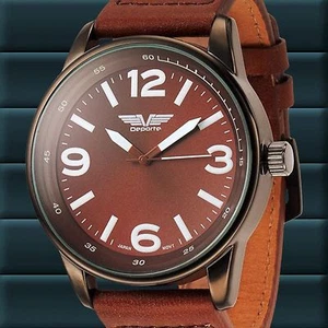 NEW Deporte 9721 Men's Curve Series Genuine Leather Casual Brown / White Watch - Picture 1 of 3