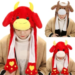 Funny Ox Animal Plush Hat with Moving Jumping Ears New Year Cartoon Stuffed - Picture 1 of 9