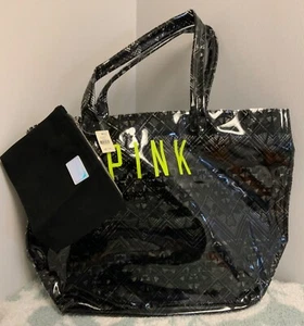 Victoria’s Secret PINK Aztecs Jelly Tote Beach Bag sz: XL with Clutch Black - Picture 1 of 4