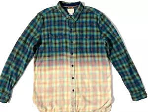 New KOTO Green Gradient Ombre Plaid Cotton Flannel Shirt Bleached Dip Dye Sz L - Picture 1 of 12