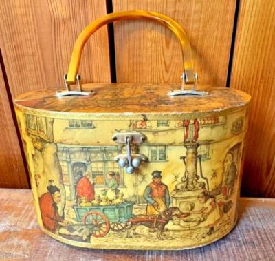 VTG Anton Pieck Wood Box Oval Purse Lucite Handle Street Scene Boston Colonial - Image 1 of 4